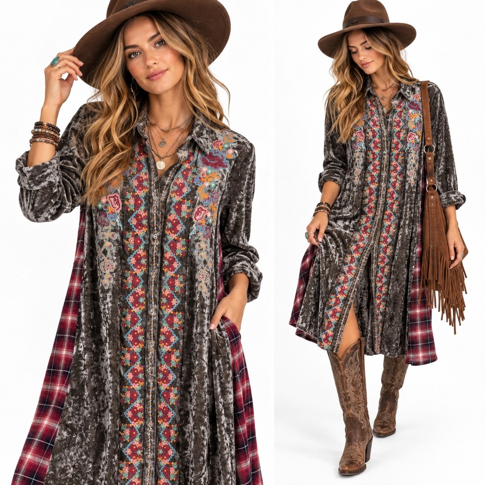 April Sky Womens M Embroidered Velvet Plaid Duster Dress Boho Western Rayon